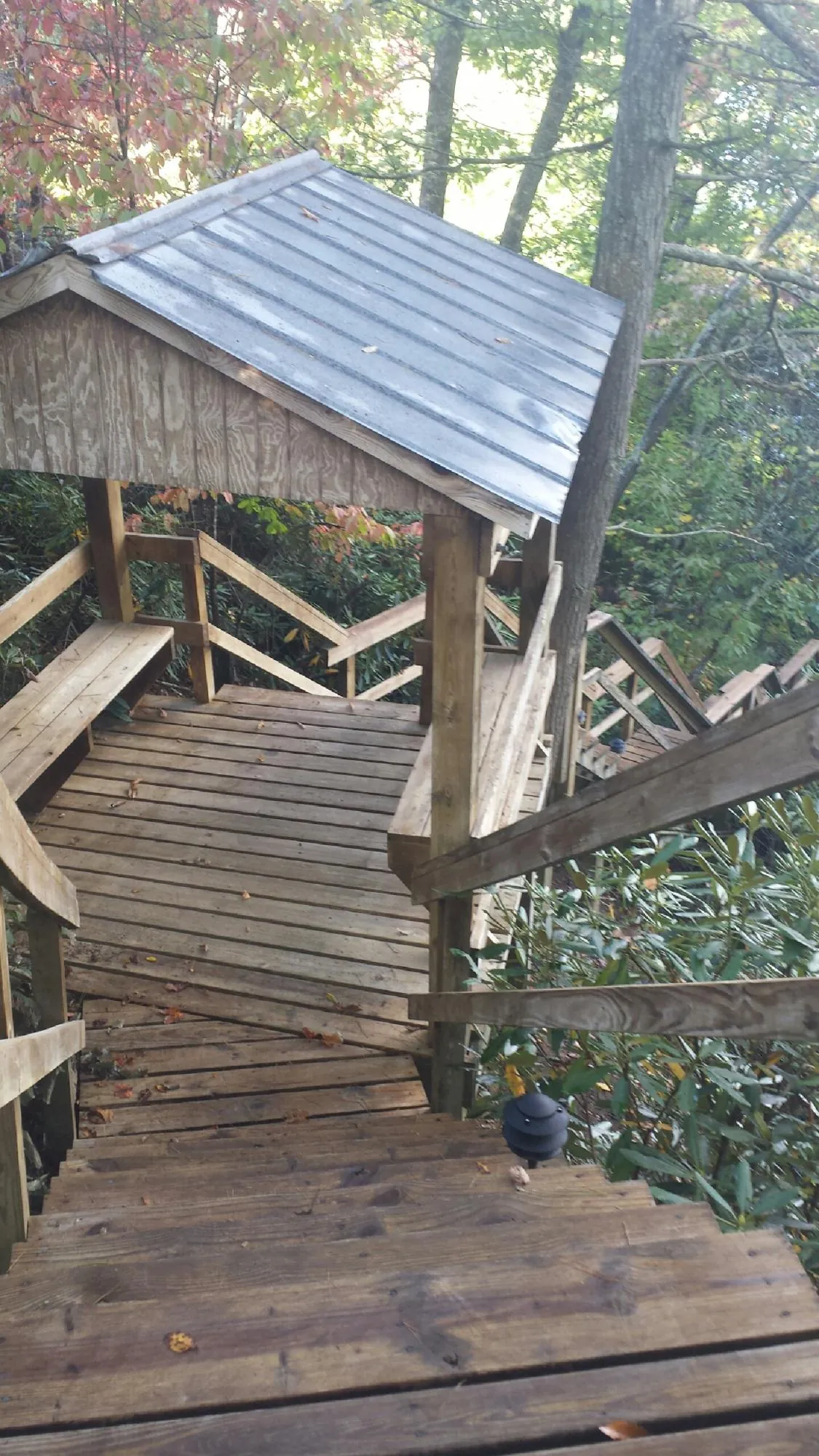 Metal roofed shelter over wooden steps on a wooded walkway — Skylight Repair & Installation work by our crew in Mc Ewen